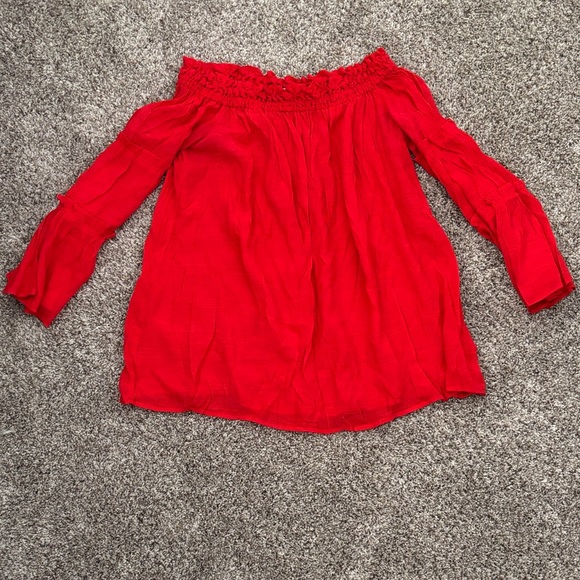 She + Sky Tops - She + Sky Vibrant Red Off-Shoulder Blouse